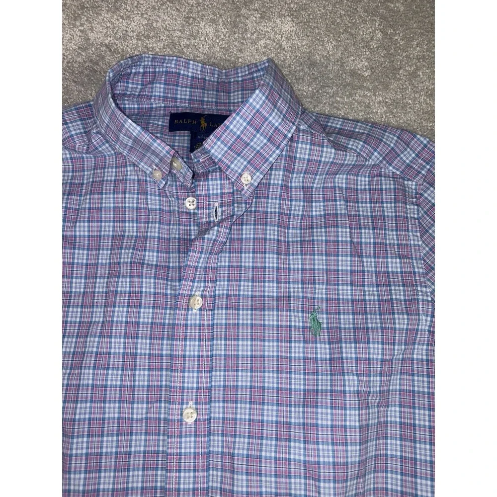 ralph lauren boys large 14-16 blue pink plaid long sleeve‎ button up